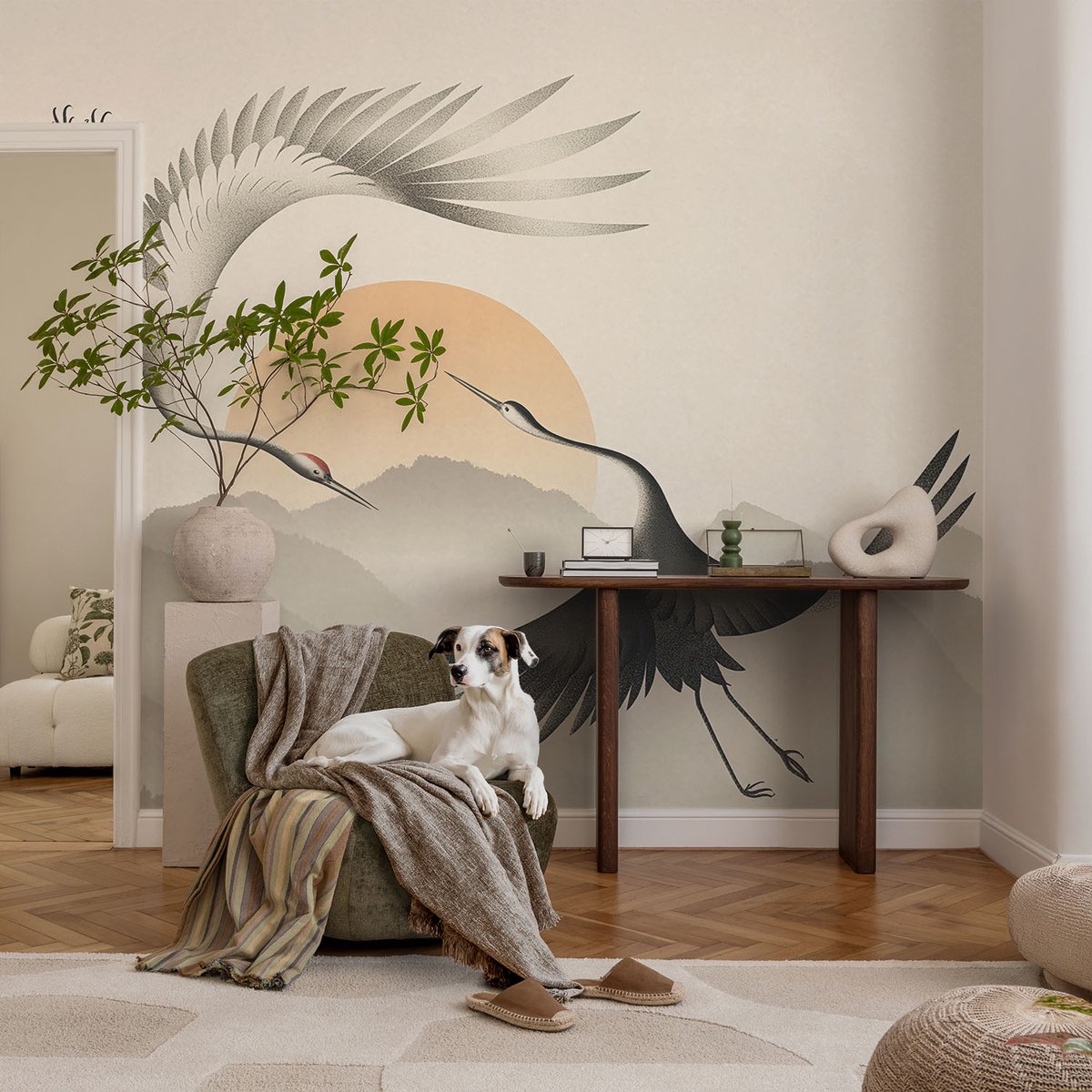 Coloray Vliesbehang - Wit Snellijm Behang - 104x70 cm - Oostelijke Kranen Muurschildering - Gang behang Landschappen - Fotobehang Vlies - Slaapkamer behang