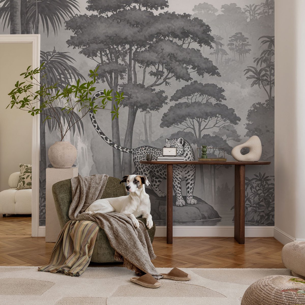 Coloray Vliesbehang - Grijs Snellijm Behang - 104x70 cm - Tropische Jungle Fotobehang Vlies - Hal behang Dieren - Muurschildering - Woonkamer behang