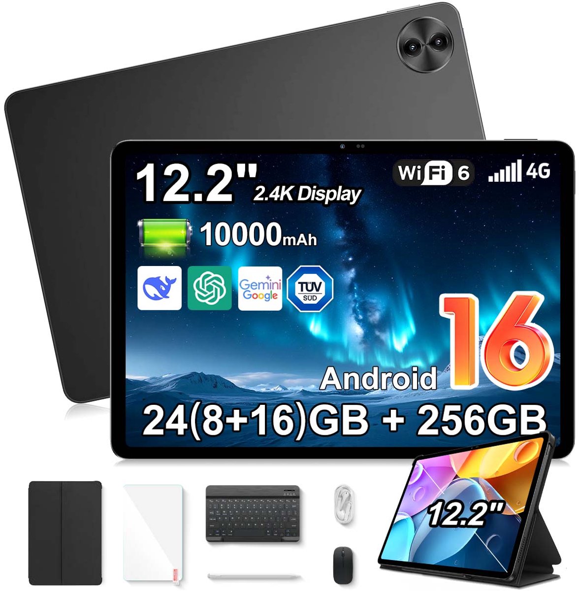 Tablet Blackview Mega 5 - 12,2 inch 2,4K IPS 120 Hz - Android 16 - 24 GB (8+16) RAM, 256 GB ROM - 10000 mAh 55W - WiFi 6 - 1080P Widevine L1 - Zwart