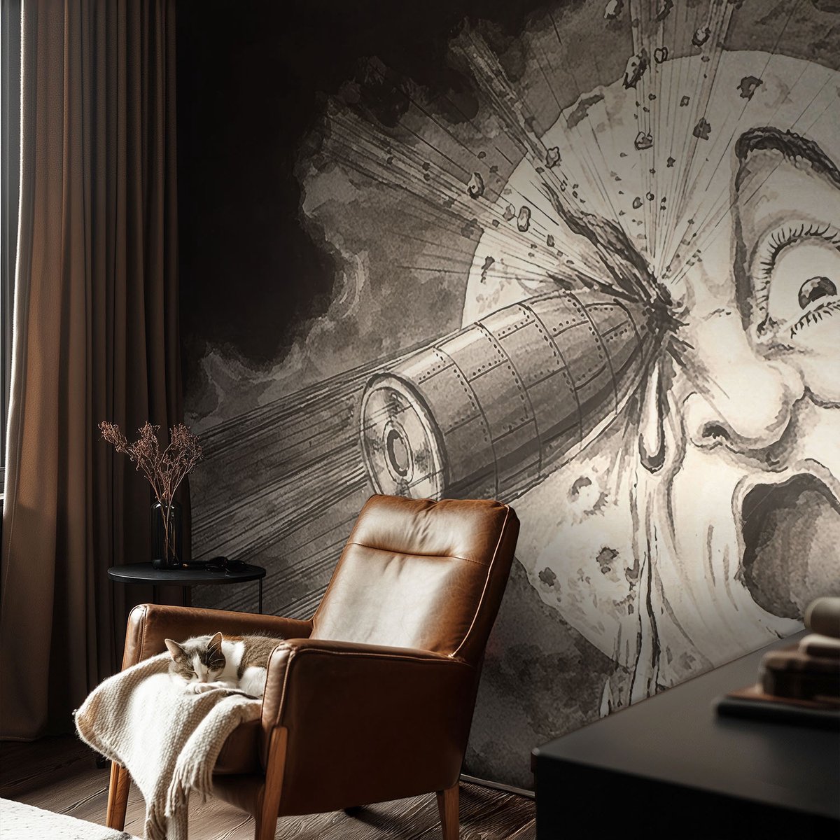 Coloray Vliesbehang - Zwart-Wit Snellijm Behang - 104x70 cm - Kosmische Botsing Fotobehang Vlies - Woonkamer behang Kosmos - Muurschildering - Woonkamer behang