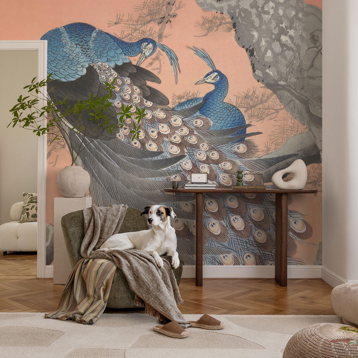 Coloray Vliesbehang - Oranje Snellijm Behang - 104x70 cm - Pauwenelegantie Muurschildering - Slaapkamer behang Dieren - Fotobehang Vlies - Slaapkamer behang
