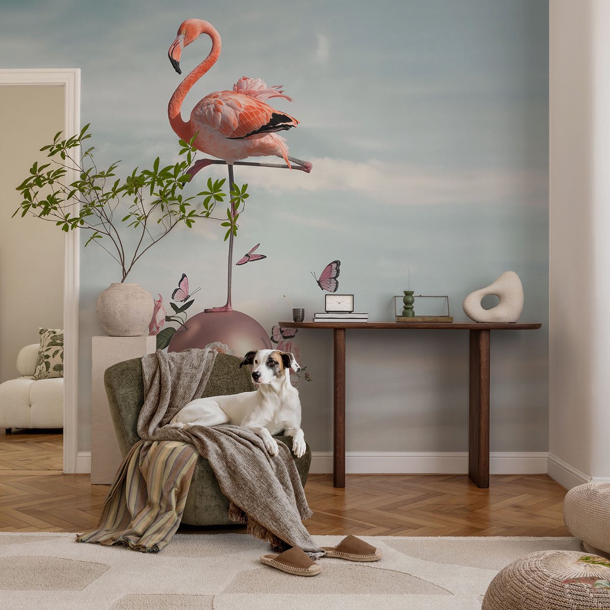 Coloray Vliesbehang - Blauw Snellijm Behang - 104x70 cm - Elegante Flamingo Fotobehang Vlies - Woonkamer behang Dieren - Muurschildering - Woonkamer behang