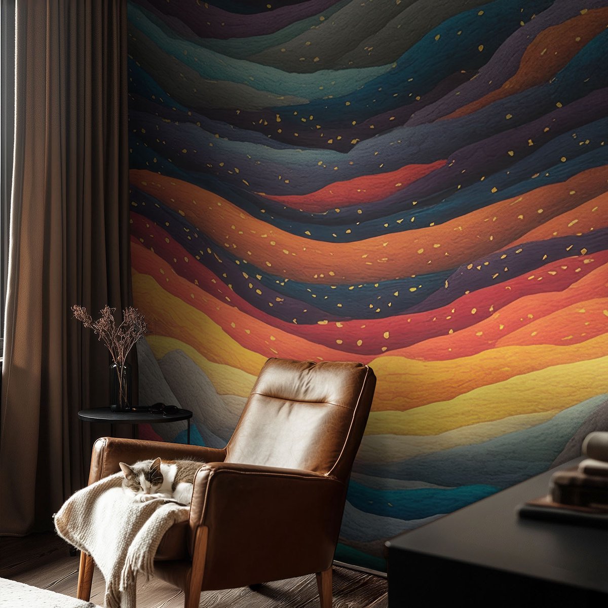 Coloray Vliesbehang - Oranje Snellijm Behang - 104x70 cm - Kleurrijke Bergen Fotobehang Vlies - Hal behang Abstractie - Muurschildering - Woonkamer behang