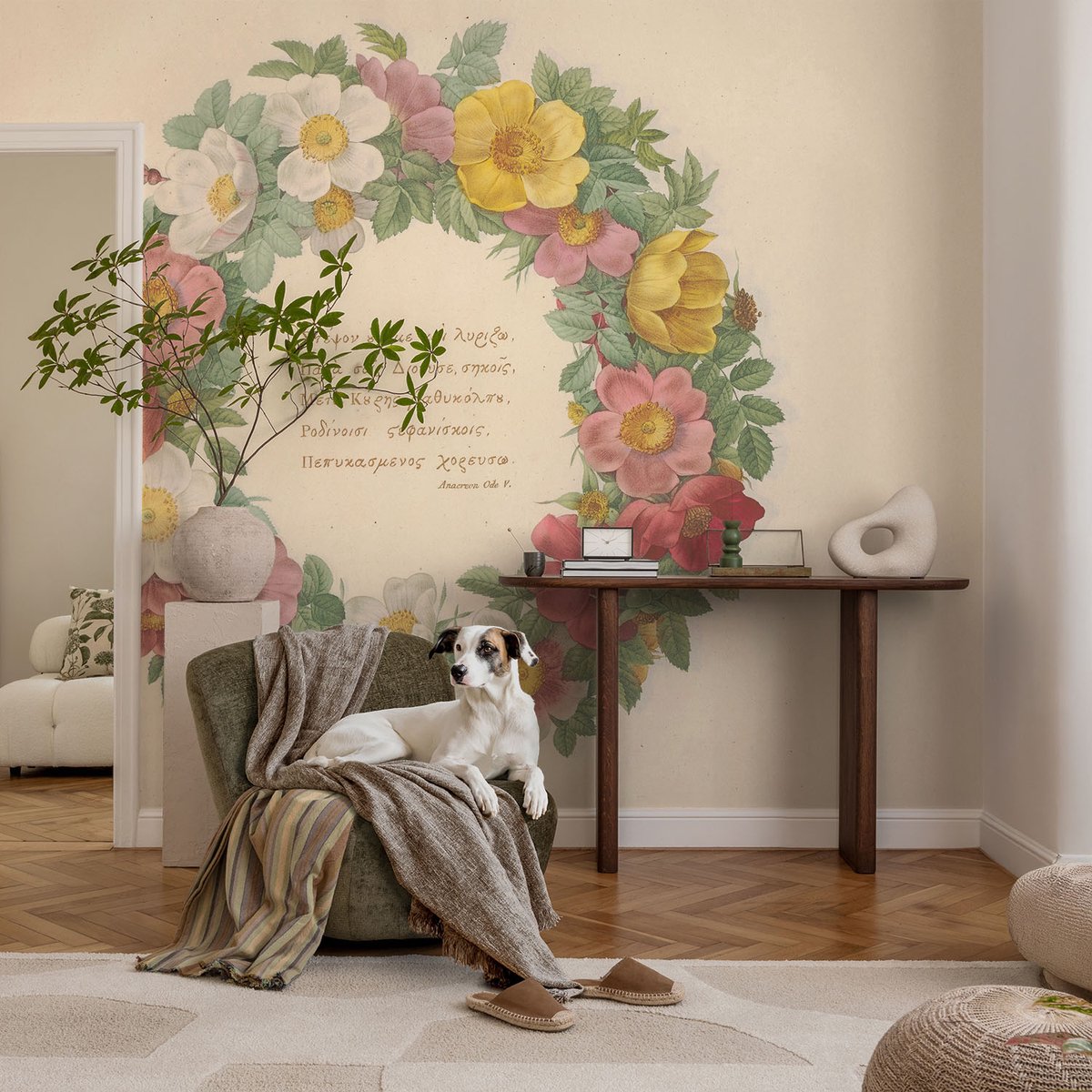 Coloray Vliesbehang - Grijs Snellijm Behang - 104x70 cm - Bloemenkrans Muurschildering - Slaapkamer behang Bloemen En Planten - Fotobehang Vlies - Slaapkamer behang