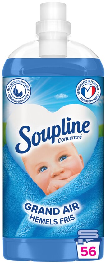 Adoucissant Soupline Grand Air. Bouteille bleue avec couverture en forme de cœur et visage de bébé. "Grand Air". 56 lavages.