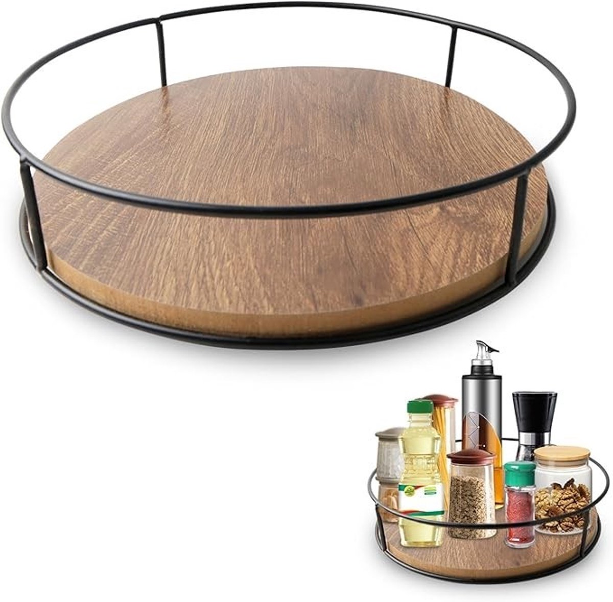 Livatto Lazy Susan Draaiplateau – 360° Draaibare Houten Keukenorganizer met Zwart Metalen Frame