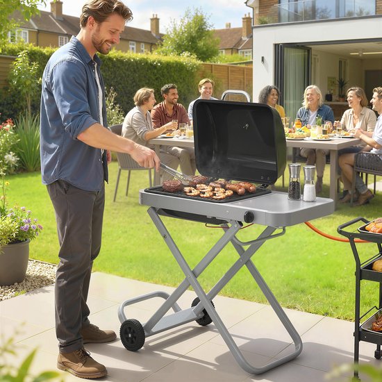Draagbare gasbarbecue-1 brander-2,5 kW-barbecuewagen met inklapbaar onderstel-grillrooster-bijzettafel-deksel-thermometer — afbeelding 3