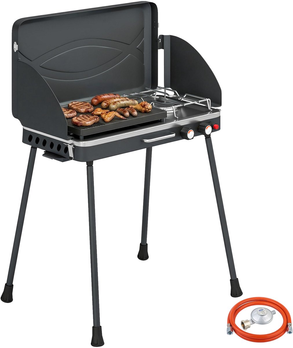 Draagbare gasgrill-2 branders-7 kW-2-in-1 tafelgrill met braadfunctie-inklapbare poten-grillrooster-windscherm-deksel en vergrendelingsmechanisme.