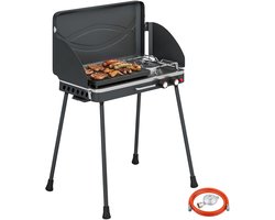 Draagbare gasgrill-2 branders-7 kW-2-in-1 tafelgrill met braadfunctie-inklapbare poten-grillrooster-windscherm-deksel en vergrendelingsmechanisme.
