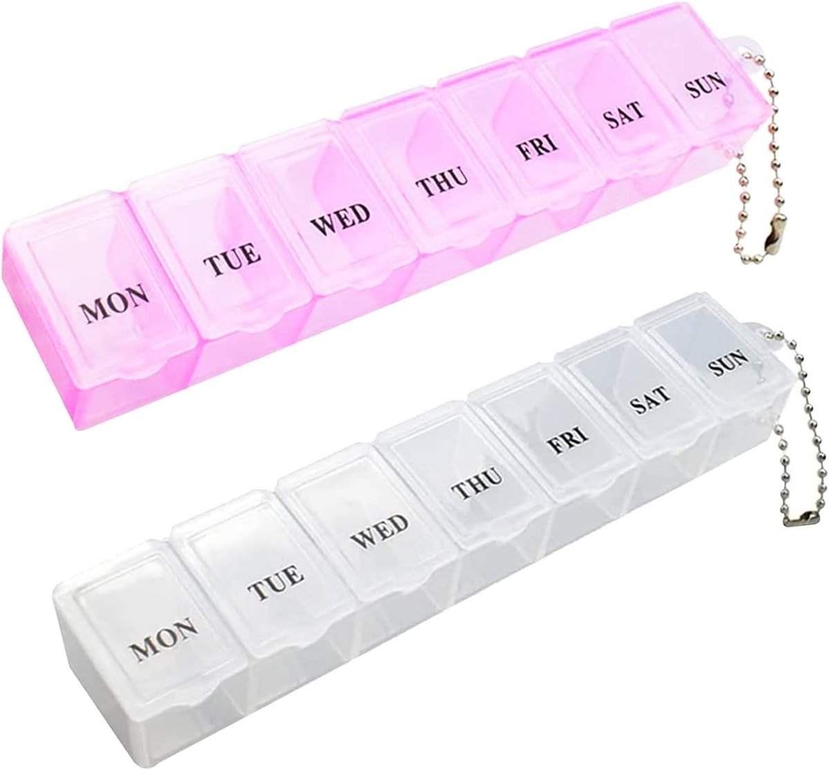 Handige 2-delige pillendoos voor reizen, 7 dagen medicatie-organizer met vakken voor supplementen, vitamines en levertraan (Roze & Wit)