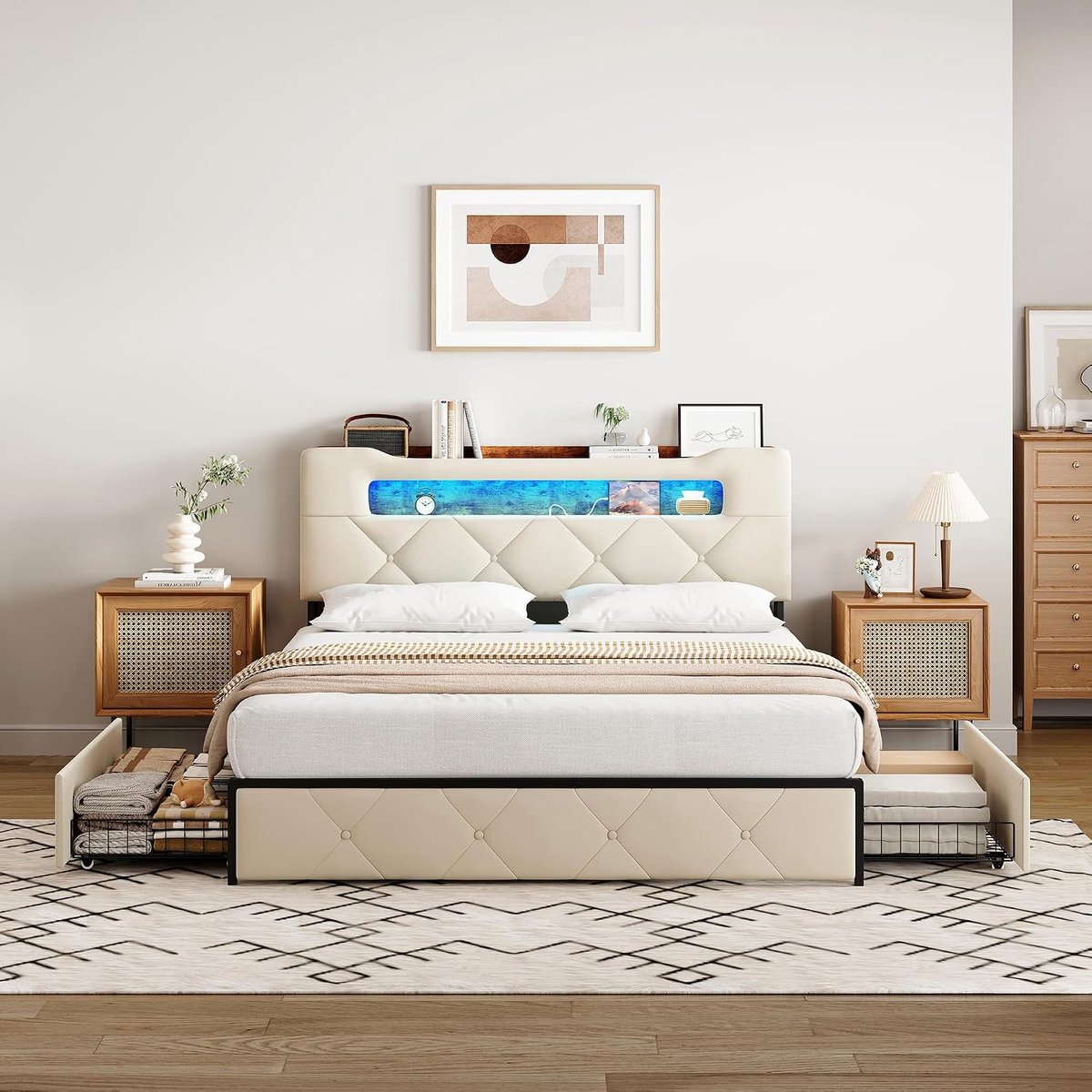 Bed, 140 x 200 cm, tweepersoonsbed met 4 opbergruimte, laden, opbergbed met led-hoofdeinde en USB, boxspringbed, jeugdbed, bedframe met lattenbodem, van hout, fluweel, zonder