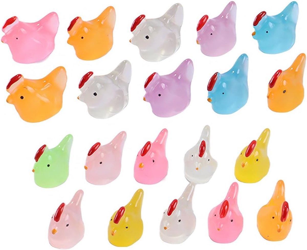 20 stuks mini lichtgevende hars kippenbeelden, lichtgevende kippenfiguren voor microlandschaps-poppenhuistuin in pot