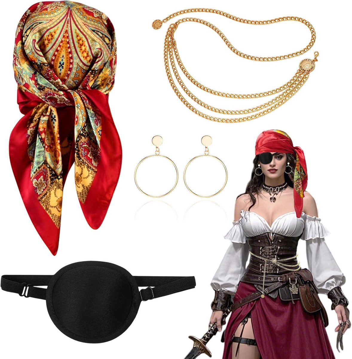 4 stuks piratenkostuum vrouwen, rood bedrukte hoofdband zwart oogmasker taille ketting oorversieringen, vrouwen mannen piraat fancy dress accessoires voor Halloween cosplay feest piraat feest