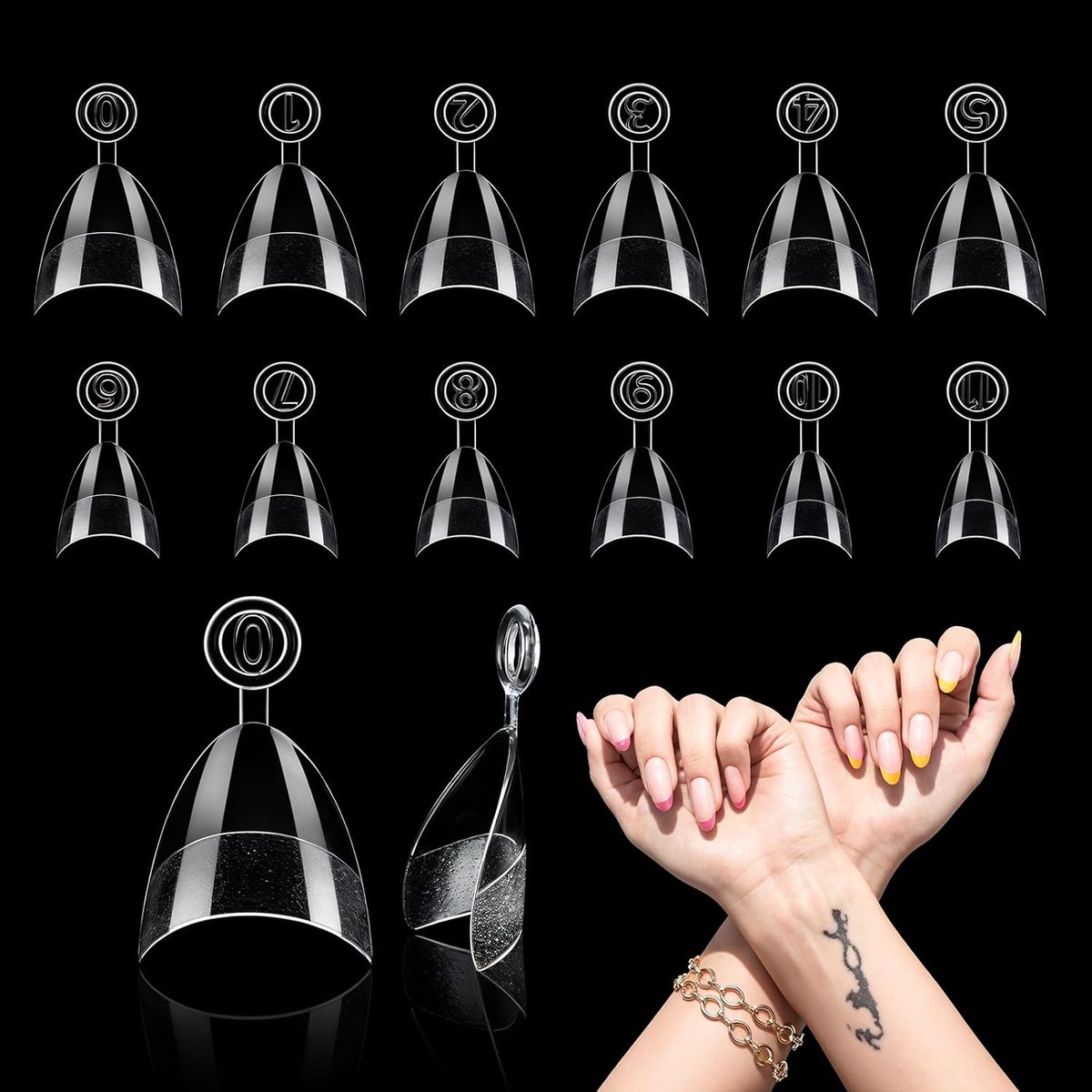 240 stuks korte rechte vierkante nageltips, 12 maten, korte nageltips, extra kort, amandelvorm, nageltips met handvat voor beginners en professionals, nagelverlenging, doe-het-zelf nagelkunst