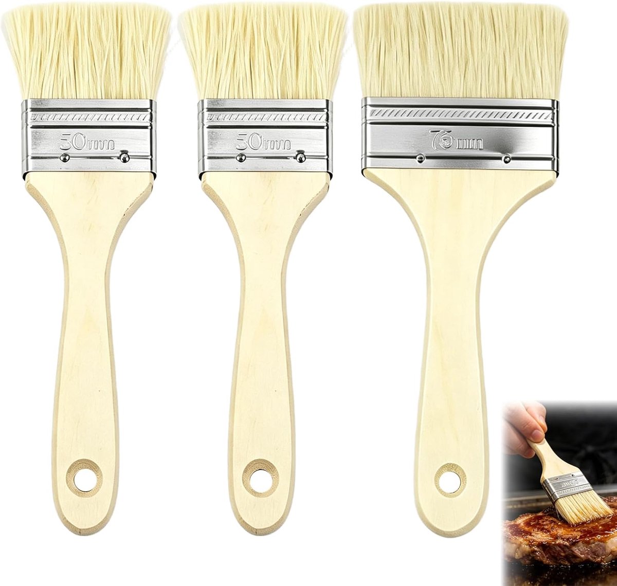 Set van 3 keukenkwasten van natuurlijke borstels, hittebestendig, voor grillen en bakken, veelzijdige kookkwast voor het borstelen van gebak, vlees, pizza, vaatwasmachinebestendig