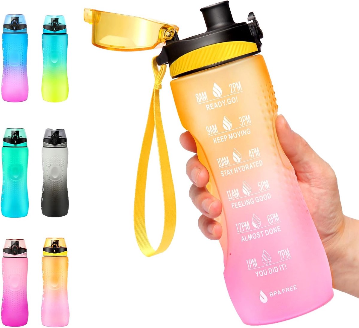Motiverende waterfles met tijdmarkering, sport, Tritan, BPA-vrij, lekvrije waterfles voor jongeren, volwassenen, fitnessstudio, outdoor, geel roze, 750 ml