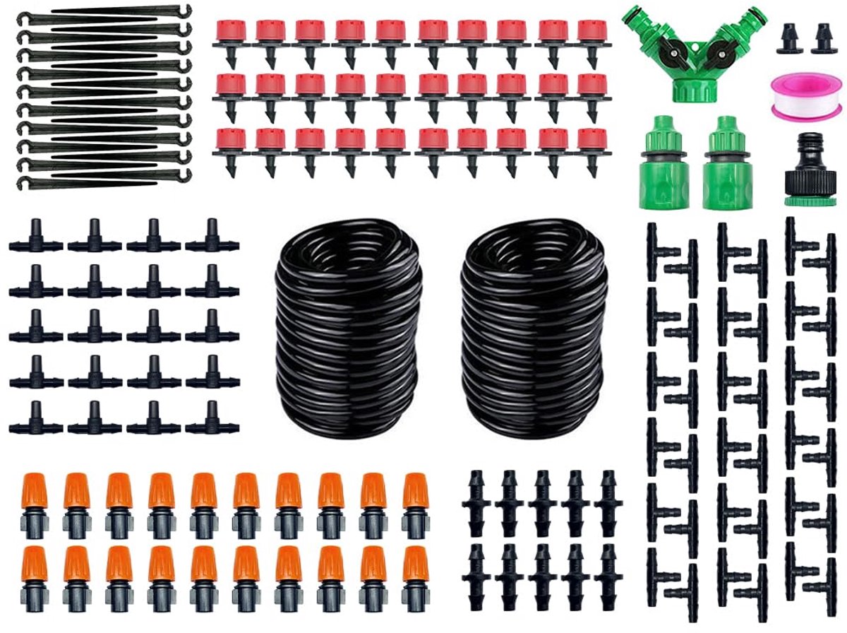 30 m micro-druppelirrigatieset, druppelirrigatieset, druppelirrigatieaccessoires, doe-het-zelf irrigatiesysteem met instelbaar sproeimondstuk, voor planten, tuin, kas