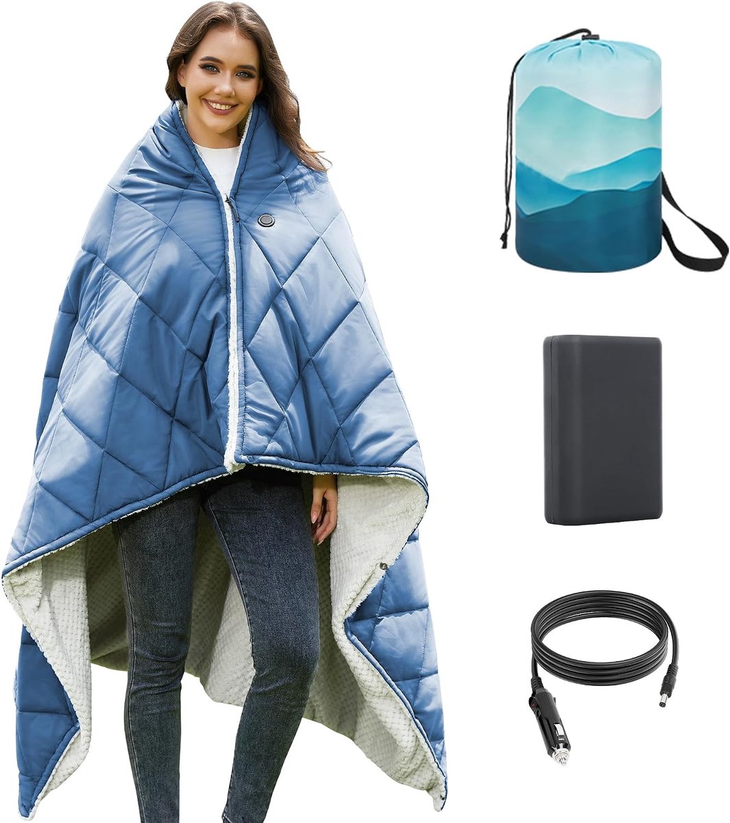 Elektrische warmtedeken, verwarmingsdeken met 20.000 mAh accu, draadloos, verwarmingskussen met 4 verwarmingszones en 3 temperatuurniveaus, voor kamperen, wandelen, outdoor (blauw, 180 x 130