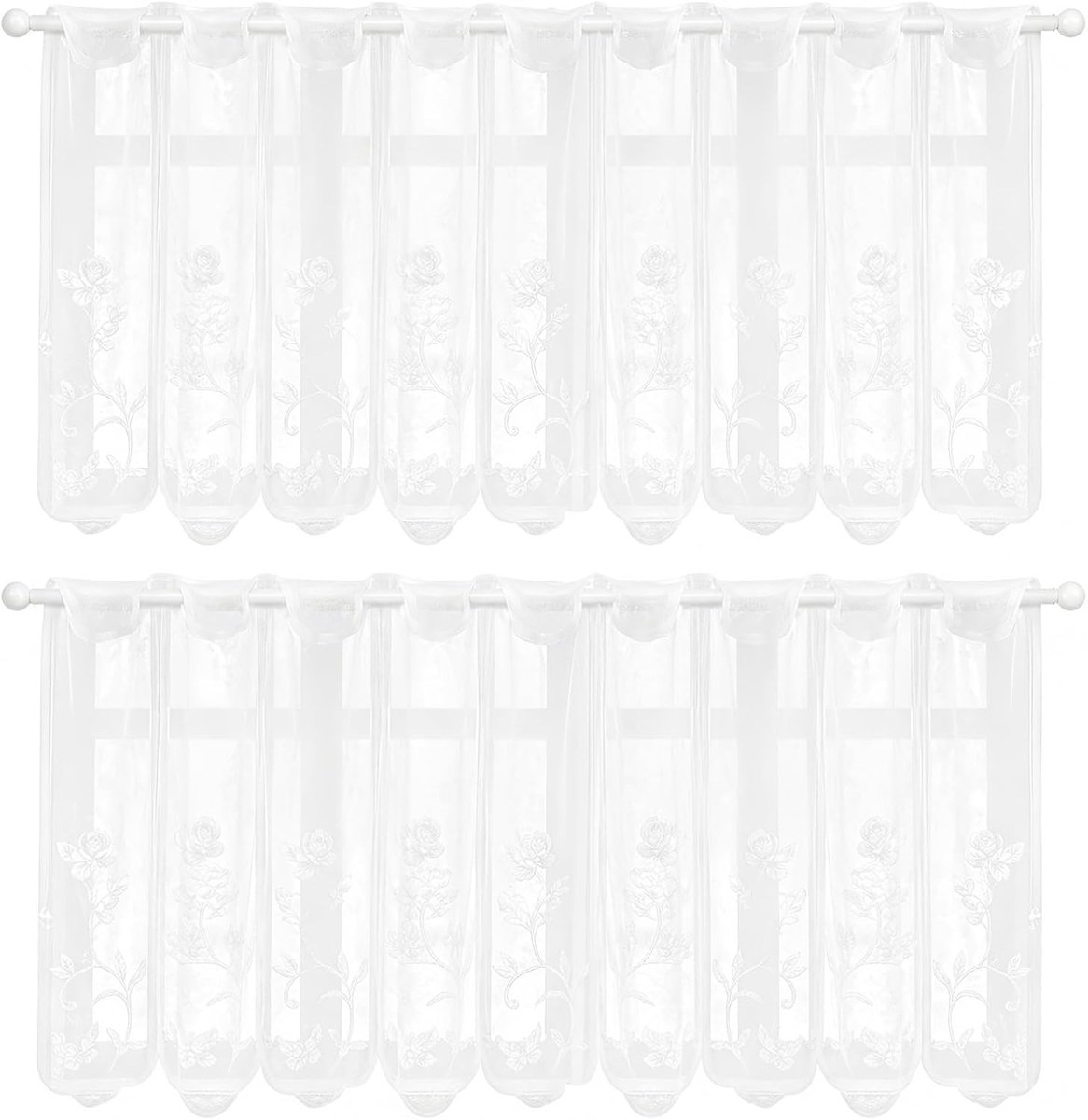 2 stuks 130 × 45 cm gordijnen met geborduurde bladeren, semi-transparant, met witte slaapkamergordijnen, geometrische semi-transparante gordijnen, geschikt voor keuken, badkamer, slaapkamer en