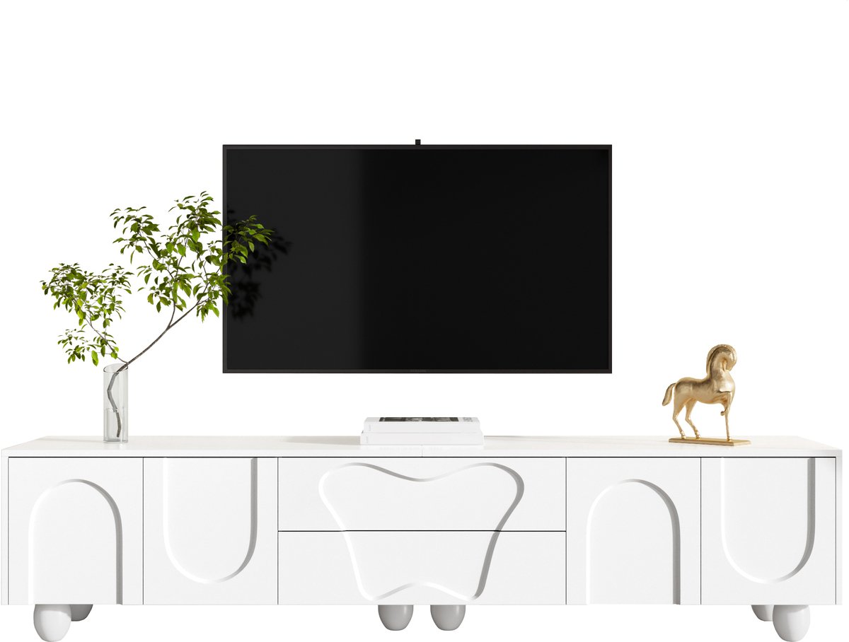 tv meubel wit met houten poten - Opbergmeubel voor woonkamer - 180 cm - Wit - Gebogen deuren en laden - Massief houten poten - Veel opbergruimte - Geschikt voor 70 inch tv