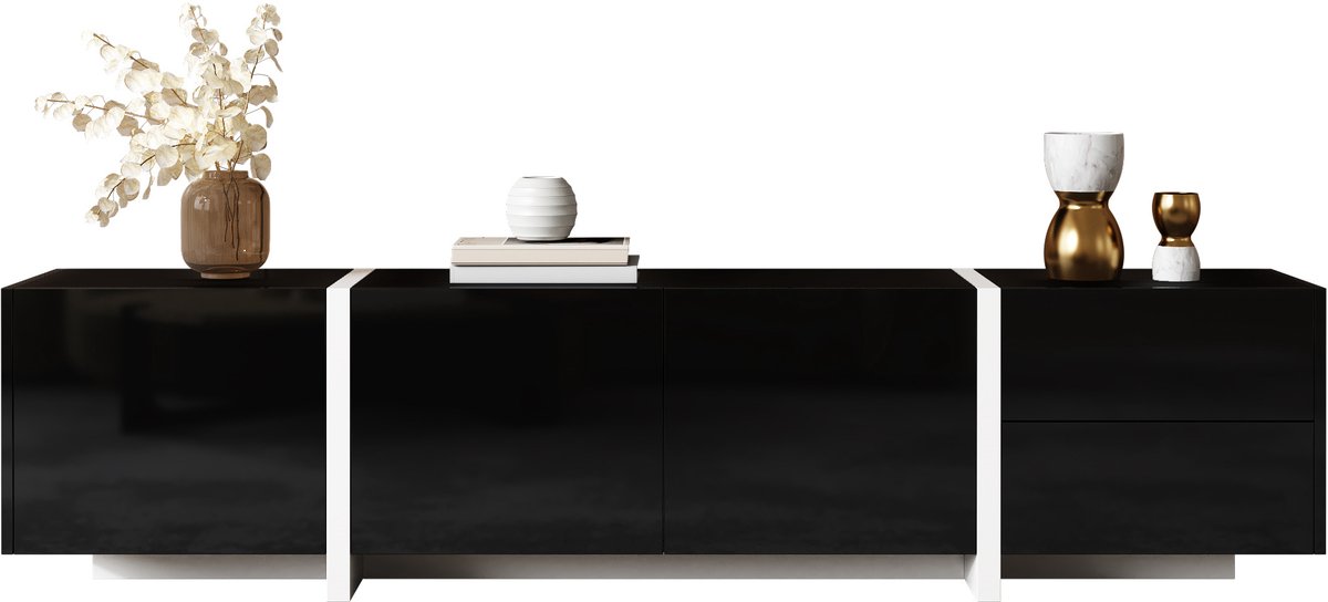 tv meubel Zwart-Wit Hoogglans 170 cm - 3 deuren, 1 lade en klepdeur - LED-verlichting - Contrast witte poten - Draagvermogen 60 kg - Modern design