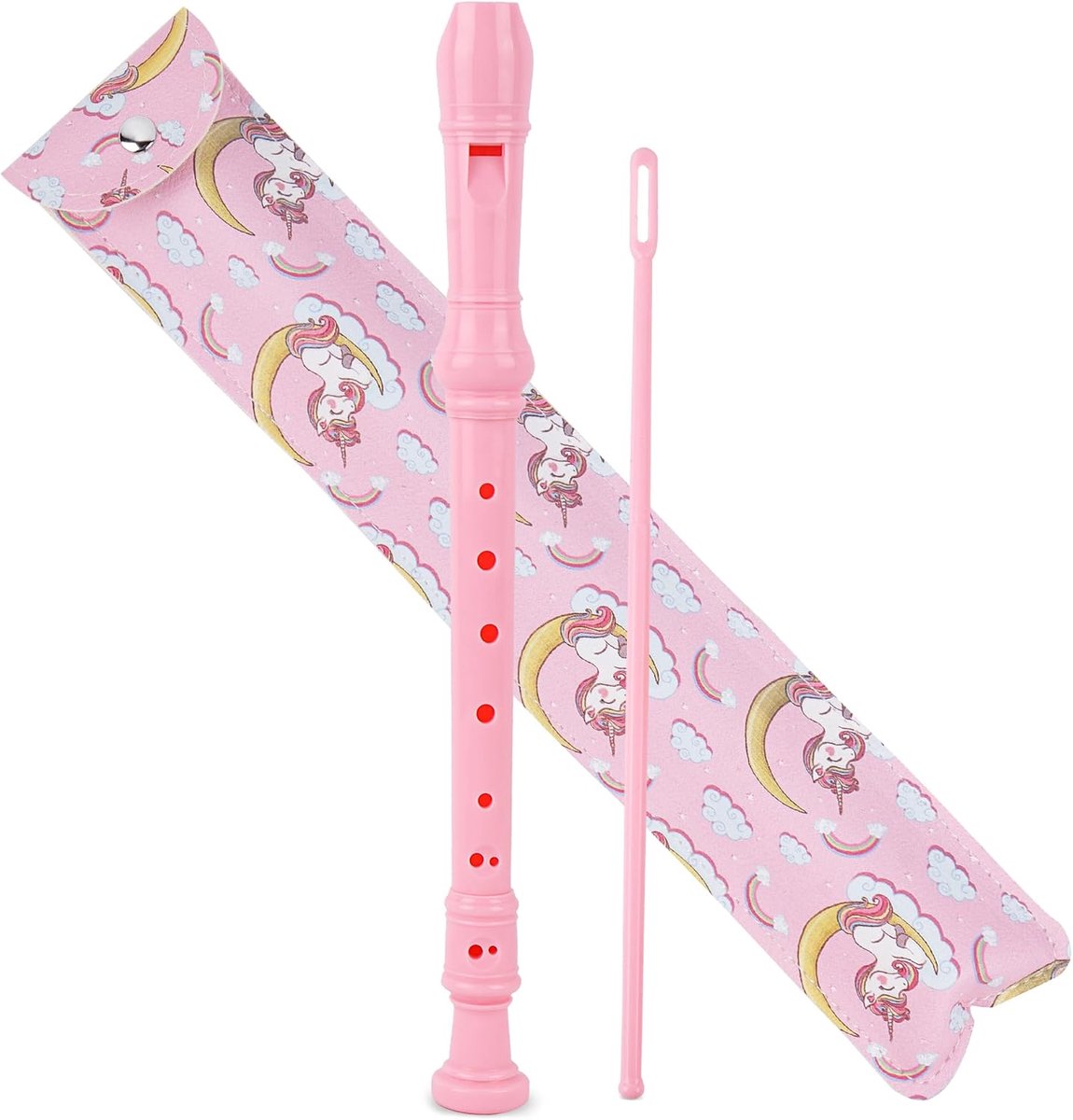 Blokfluit voor beginners, sopraan, Duitse greep, 8-gaats fluit voor volwassenen, recorder met etui, reinigingsstift en gebruiksaanwijzing (2-roze eenhoorn)