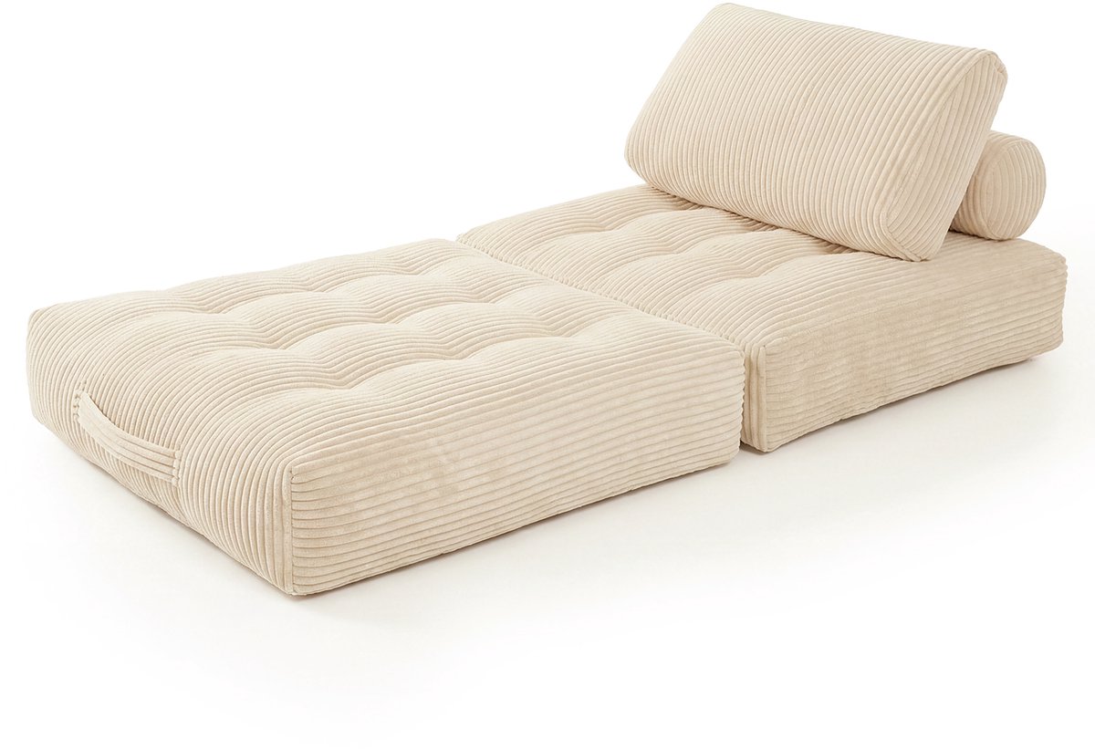 Gecomprimeerde eenpersoons vloersofa met steunkussen, beige, 96 x 96 x 40 cm, schuimvulling en ribstof bekleding