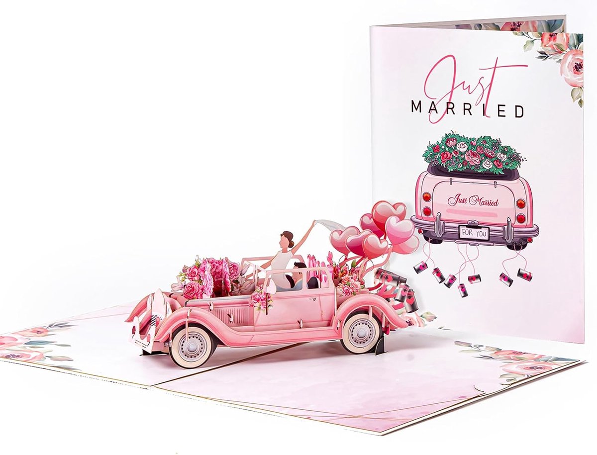 Wenskaarten voor bruiloft, driedimensionale kaarten met bruiloftsauto's, elegante 3D-wenskaarten voor bruiloften, ideaal voor bruidspaar