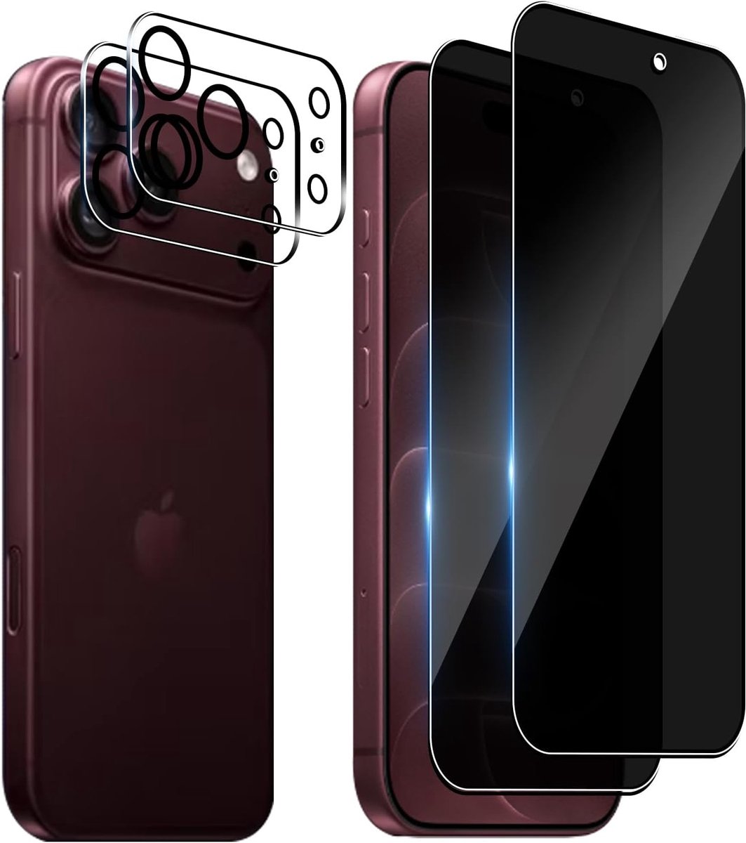 Beschermfolie voor 18 Pro Max voor pantserglas, 2 stuks privacybeschermfolie + 2 stuks camerabescherming, 9H hardheid, anti-kras, anti-luchtbellen, displaybescherming