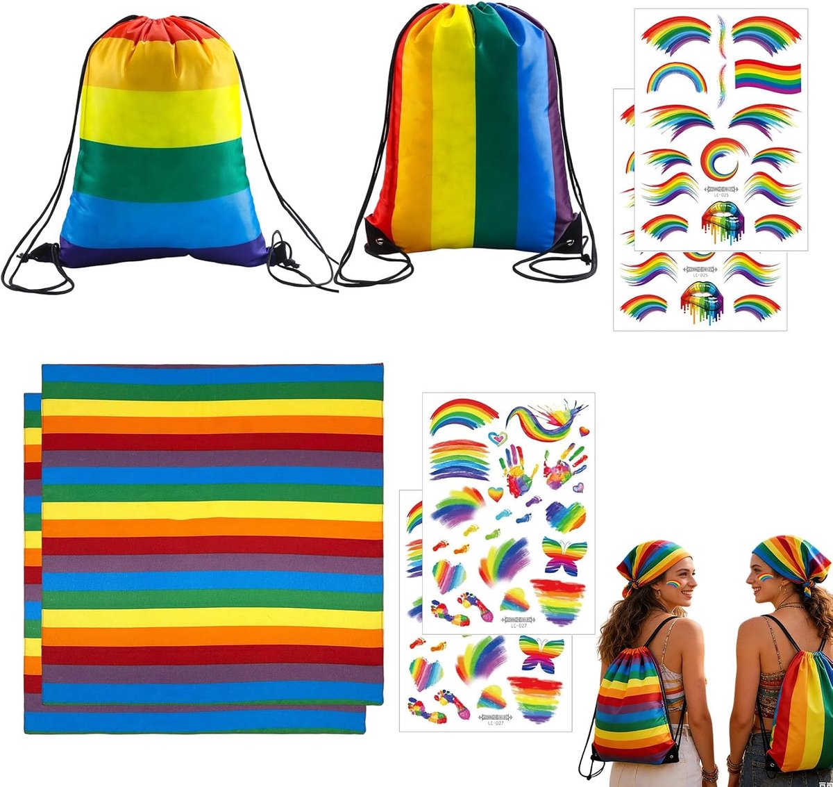 Regenboog Trekkoordtas Set – Duurzaam Polyester, 34x42 cm, Inclusief 2 Tassen, 2 Stoffen en 2 Stickers, Perfect voor Trots en Feestelijke Gelegenheden