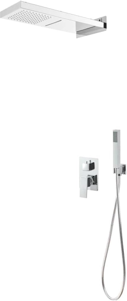 Douchesysteem met hoofddouche en handdouche, roestvrij staal douchepaneel met watervalfunctie, vierkant, roestvrij, 150 cm slang, zilver
