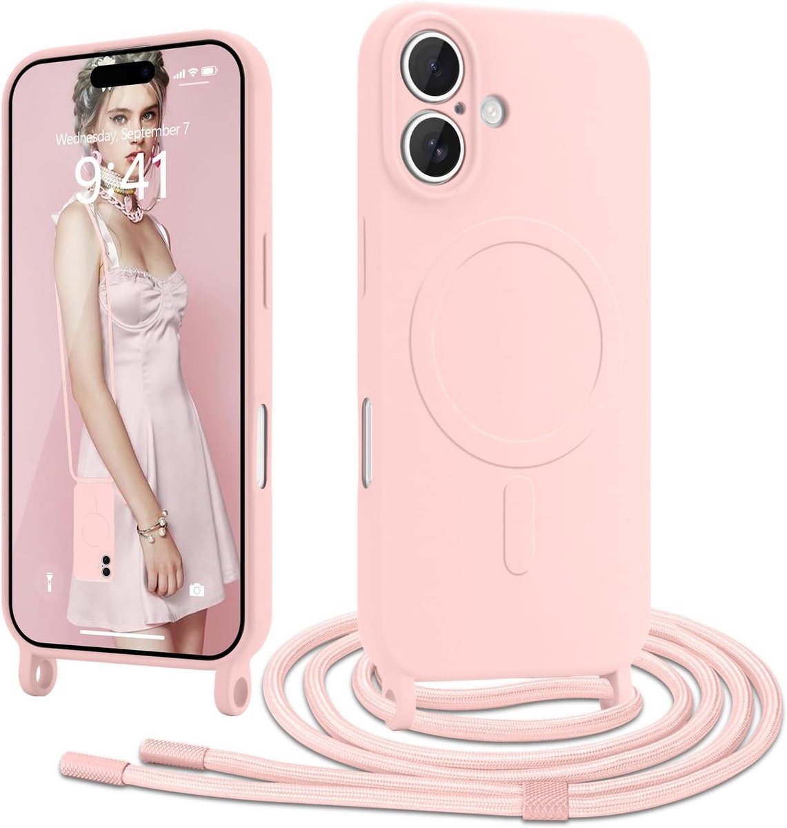 Telefoonband voor iPhone 16 hoes met band [Compatibel met Magsafe] Vloeibaar siliconen halsband telefoonhoes Magnetische beschermhoes om te hangen Koord voor iPhone 16 Roze