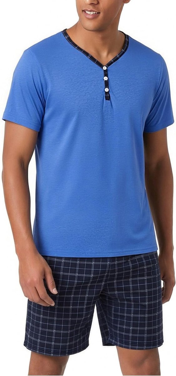 Zomerpyjama voor heren, katoen, set met korte mouwen en korte broek, nachtkleding met zakken en geruite shorts