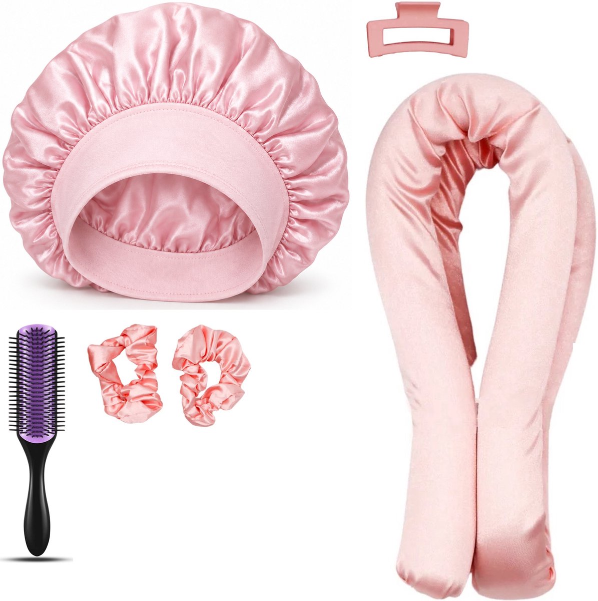 Professor Q Heatless Curls Set - Heatless Curlset met 2 Elastiekjes en Klem - Bonnet Roze - Purple Black Borstel
