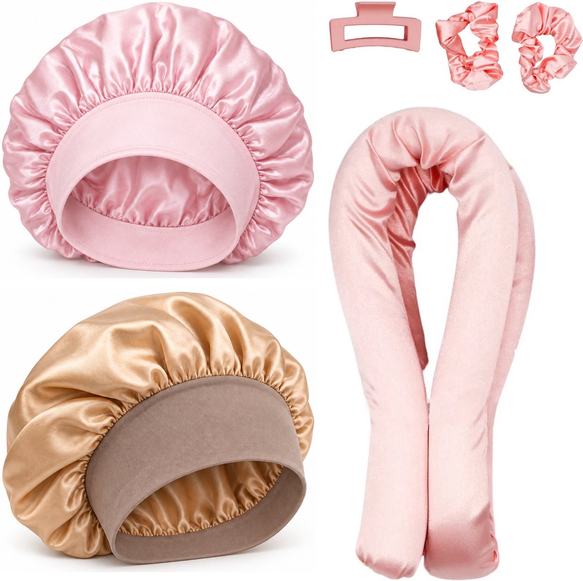 Professor Q Heatless Curls Set - Heatless Curlset met 2 Elastiekjes en Klem - Bonnet Roze - Bonnet Goud