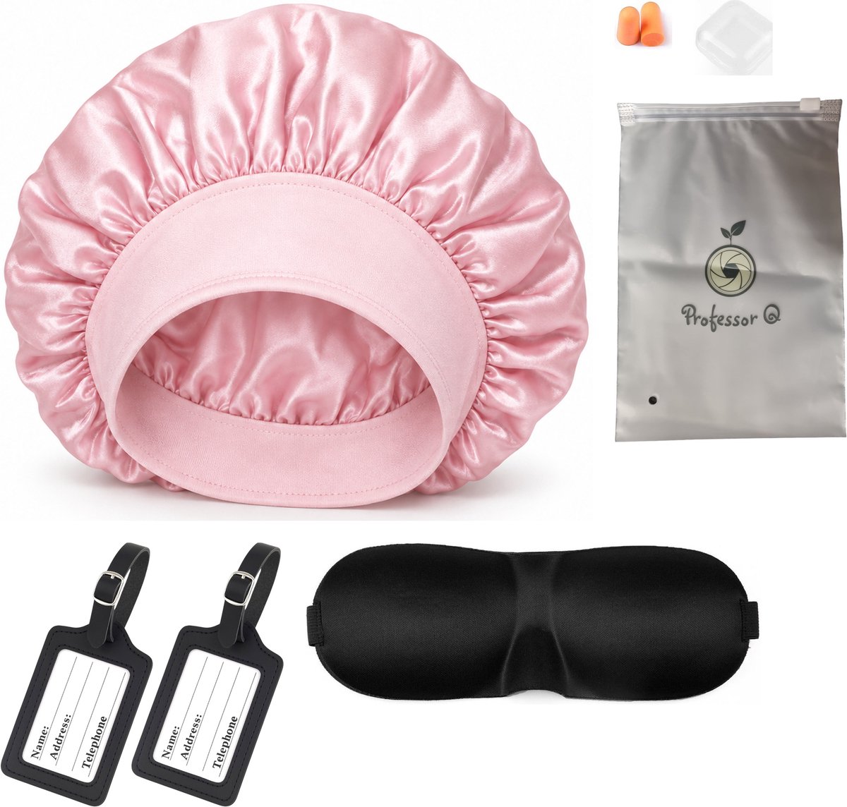 Professor Q Reisset - 2 PU-Kofferlabels Zwart - Slaapmasker Zwart - Bonnet Roze