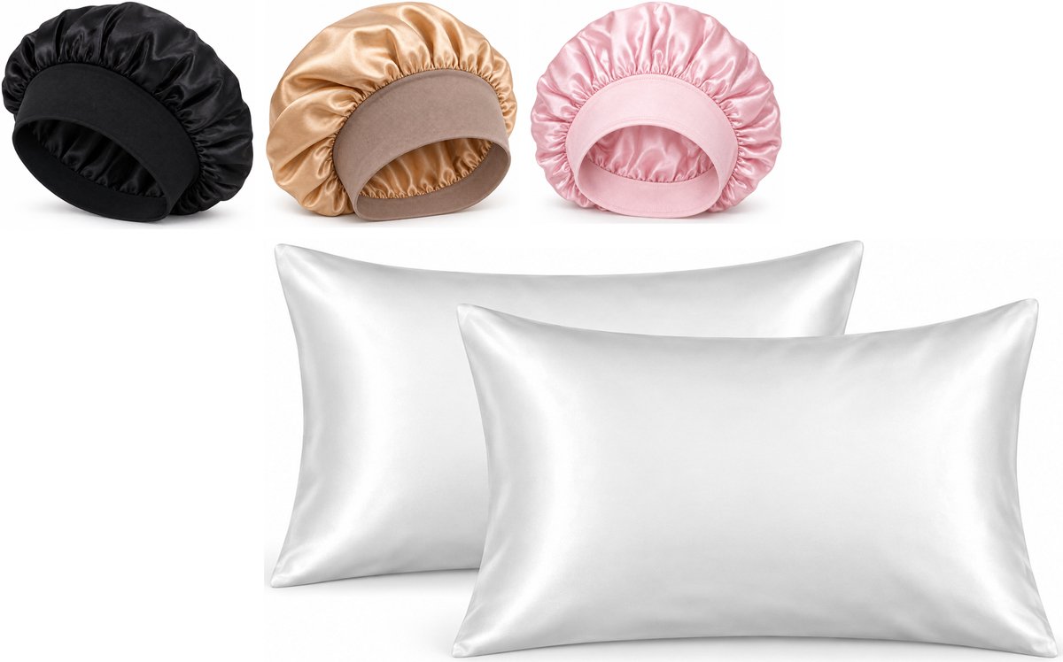 Professor Q Haar- en Slaapset - 2 Kussenslopen Wit 60 x 70 cm - Bonnet Roze - Bonnet Zwart - Bonnet Goud