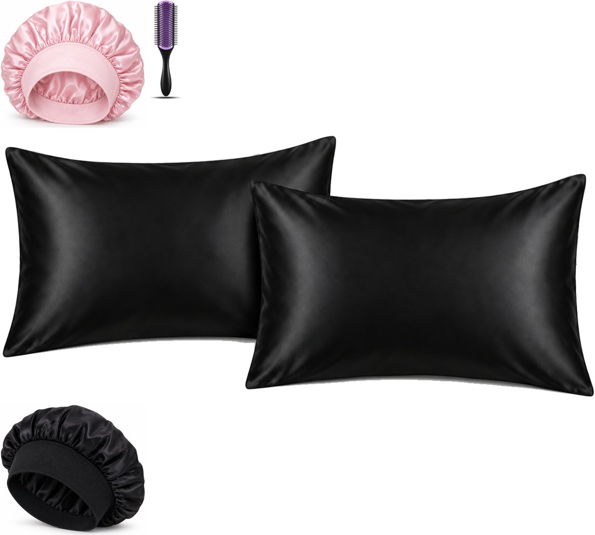 Professor Q Haar- en Slaapset - 2 Kussenslopen Zwart 60 x 70 cm - Bonnet Roze - Bonnet Zwart - Purple Black Borstel