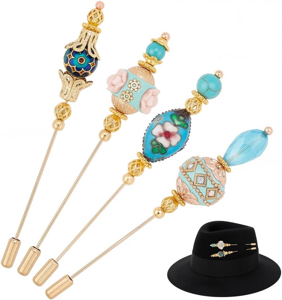 4 Stks Vintage Veiligheidshoed Pins Lange Messing Reversspeldjes 4.86 ~ 5.14 Inch Synthetische Turquoise Lange Handvat Hoed Pins met Plant Bloem Westerse Broche voor Vrouwen Decoratieve