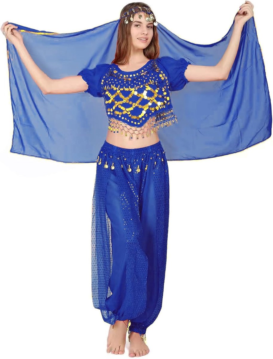 3 stuks buikdans, Indiase kleding met pailletten voor prinsessenkostuum, dansset, top, lantaarnbroek en hoofdketting