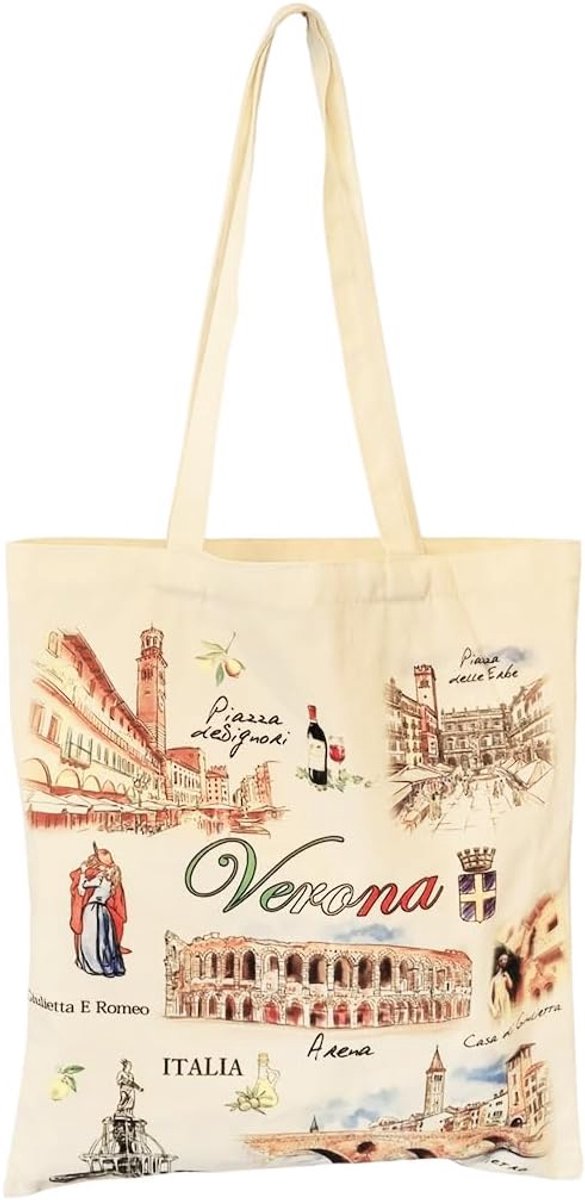 Tas met twee handgrepen Design Italië Verona Romeo en Giulietta huis en kleurrijke monumenten herbruikbaar voor winkelen en vrije tijd 42 x 38 cm