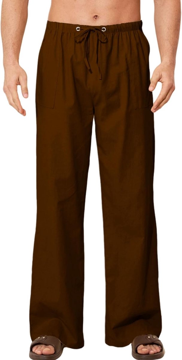 Linnen broek voor heren voor de zomer, lang, linnen, katoen, losse strandbroek, casual, met elastische tailleband, trekkoord en zakken