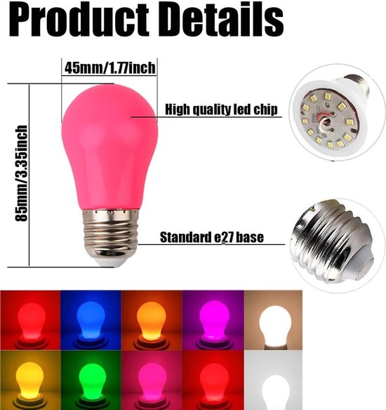 3W LED Gekleurde Lampen, Kleurrijke Lampen Bolvorm, Decoratieve Lamp voor Terrassen Biertuinen, Gemengde Kleuren, Set van 10 — afbeelding 2