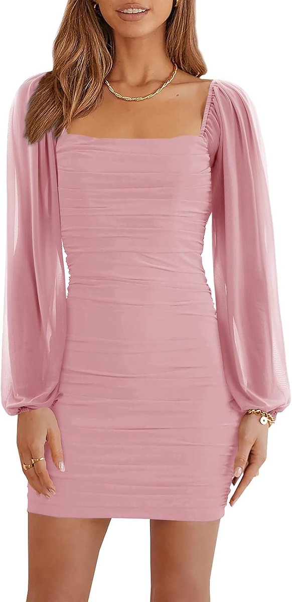 Mini-jurk voor dames, mesh, lange mouwen, vierkante hals, ruches, party, club, cocktail, bodycon