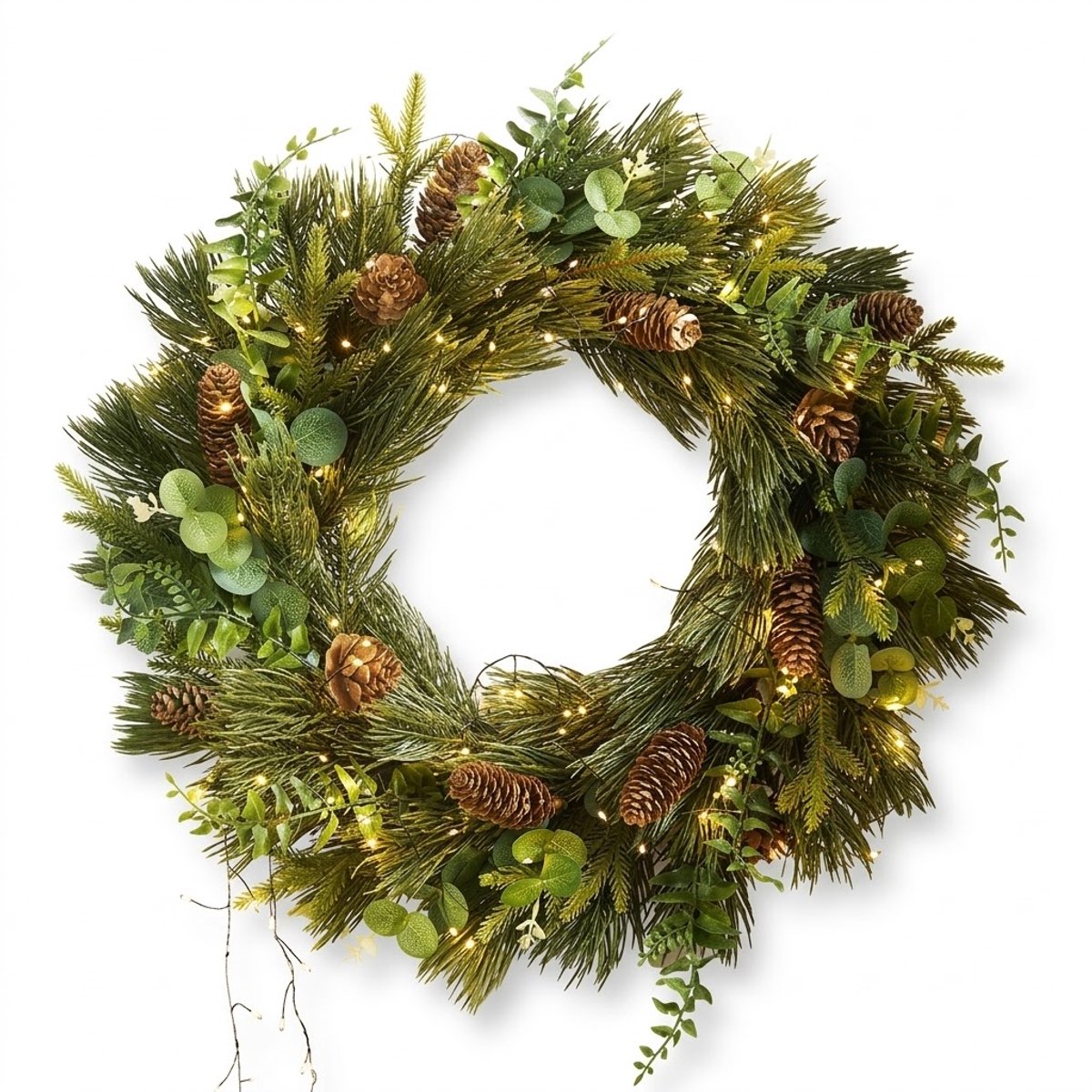 Premium Kerstkrans met Verlichting Ø 45 cm - Luxe Kerstkrans Voordeur van Puur PE - Realistische Kunstkerstkrans met Eucalyptus, Dennenappels & LED Verlichting - Kerstdecoratie Wand & Deur