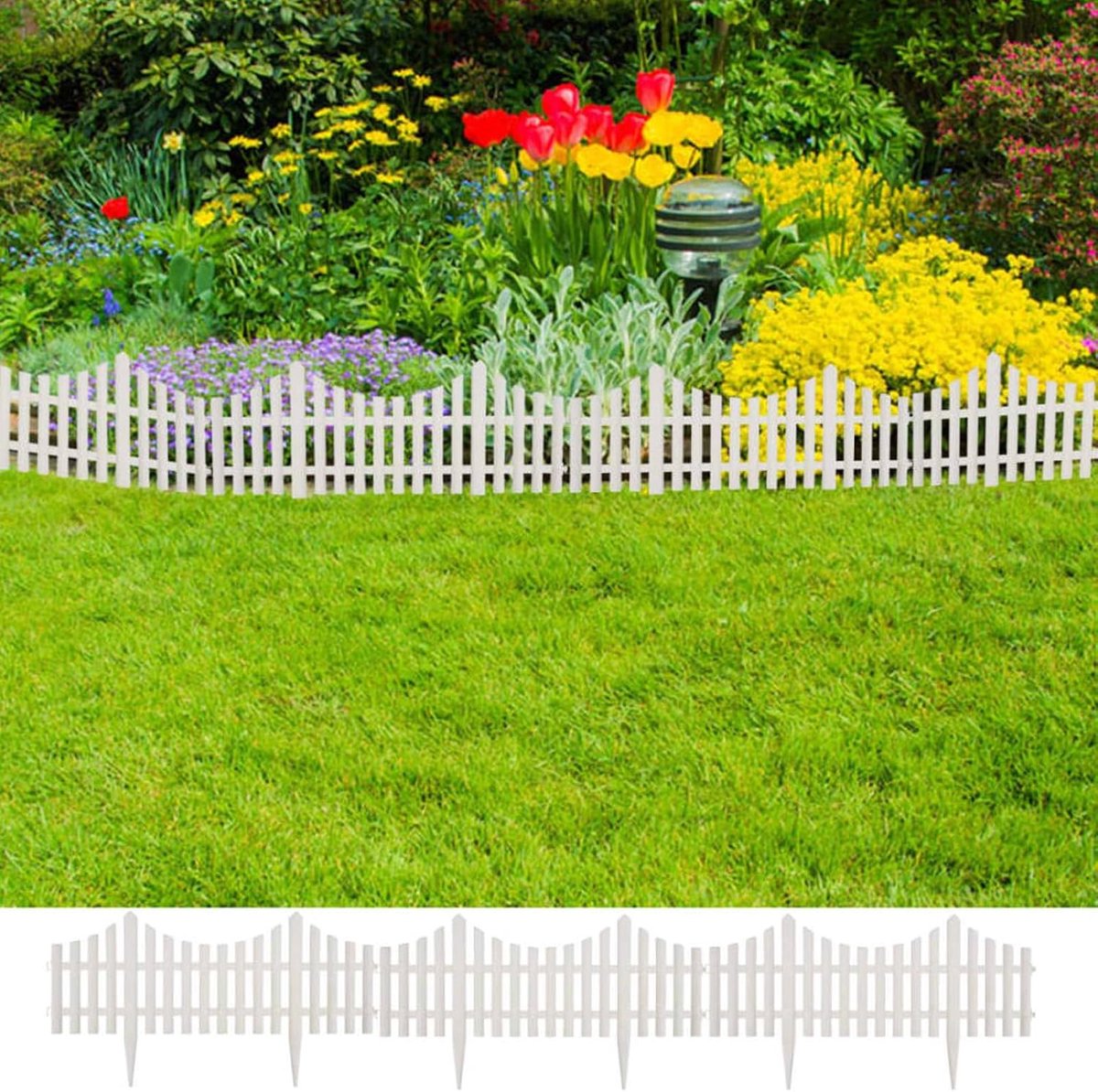wit 10 meter totale lengte, 17 stuks van PP, 60 x 32,5 cm (zonder spijes), in hoogte verstelbaar 16,2-32 cm, voor bloembedden en gazonranden