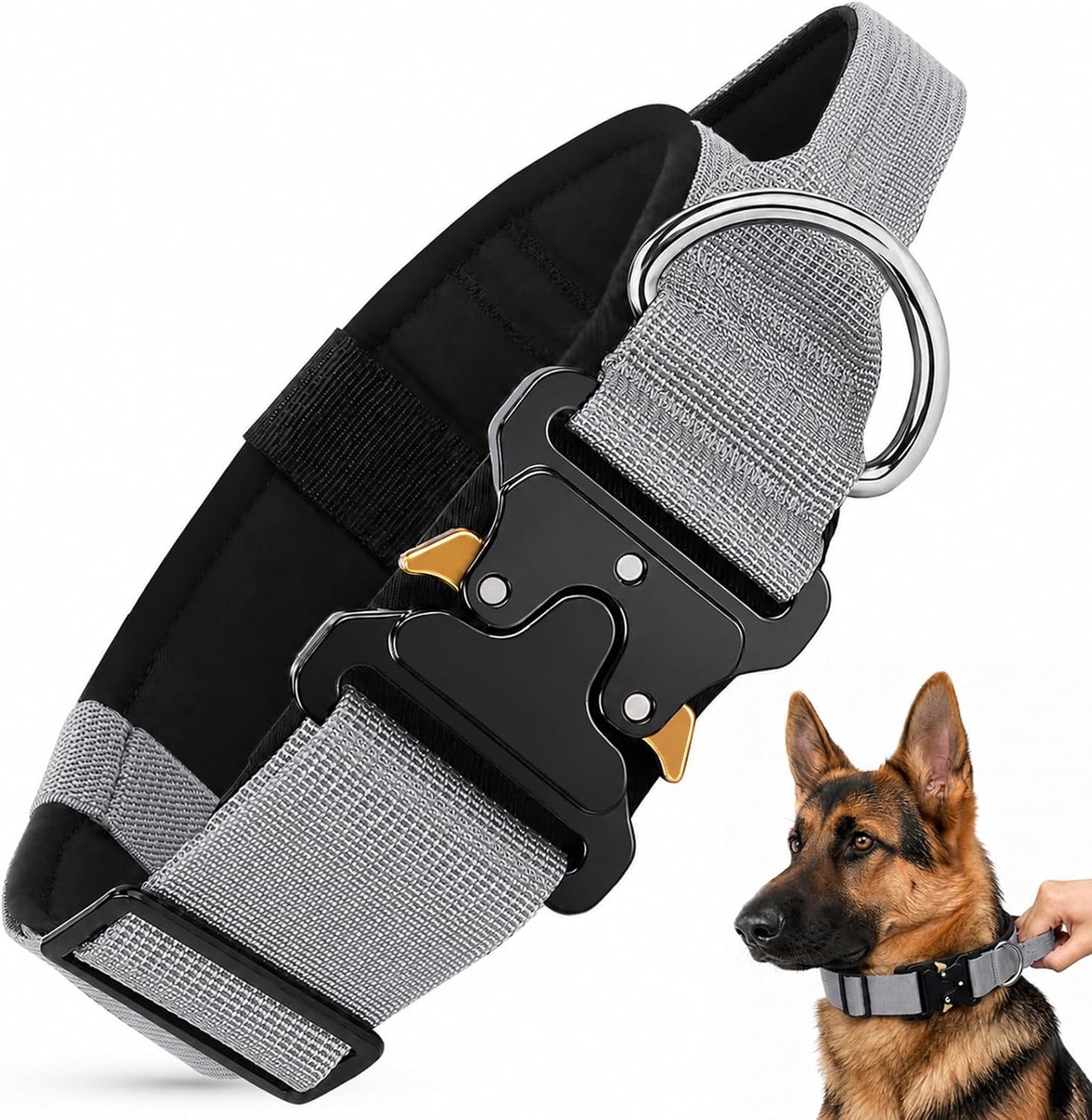 verstelbare tactische halsband voor grote en middelgrote honden, 3,8 cm breed, militaire nylon halsbanden voor honden met handvat en robuuste metalen gesp, snelsluiting (grijs, L)