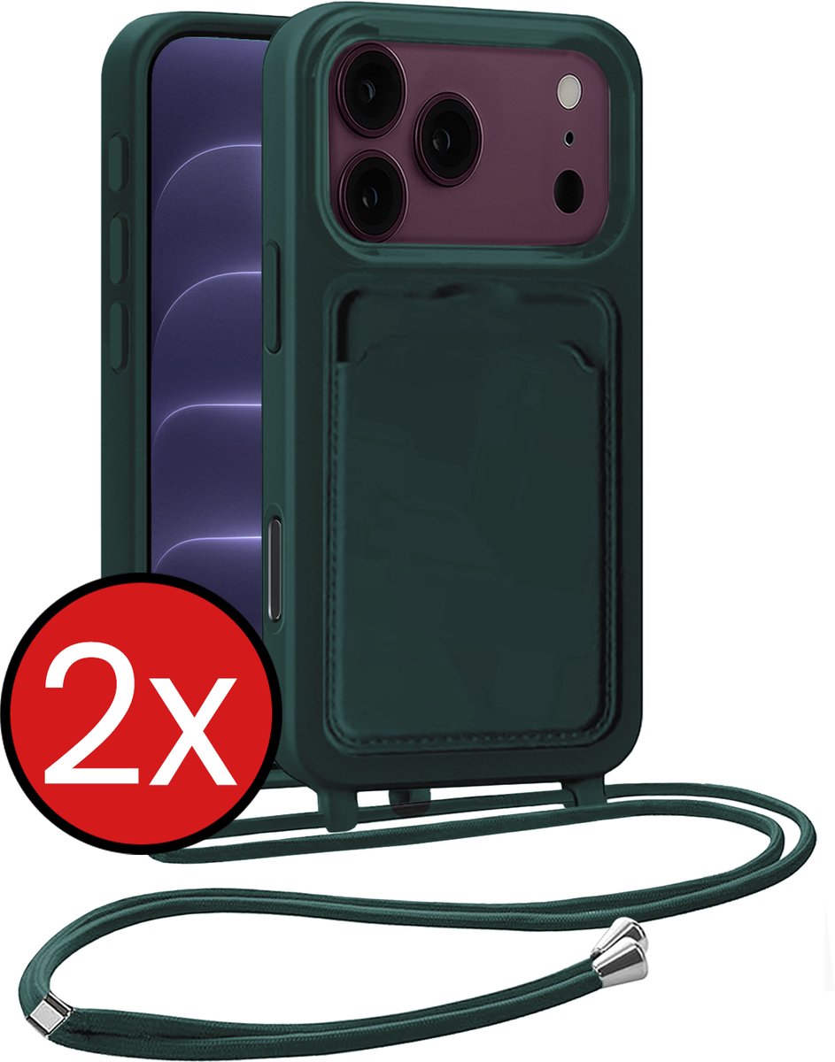 Hoesje Geschikt voor iPhone 18 Pro Max Hoesje Siliconen Case Met Koord - Hoes Geschikt voor iPhone 18 Pro Max Hoesje Backcover Met Telefoonkoord - Donkergroen - 2 PACK