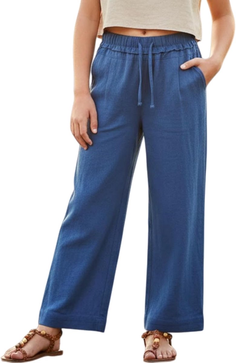 Linnen broek voor meisjes, palazzo, losse taille, elastische taille, vloeiend, strand, met zakken