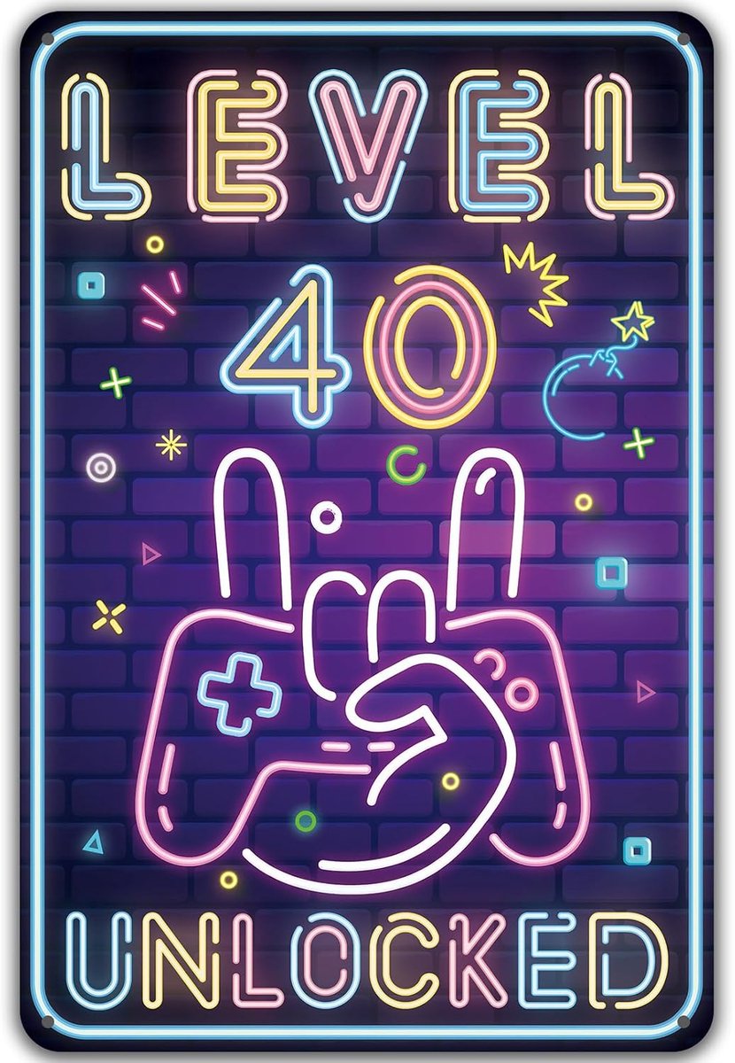 Bord 40e verjaardag man vrouw, schild niveau 40 UNLOCKED, geschenken voor de 40e verjaardag man grappig verjaardagsbord 40, gamer verjaardagskaart 40 metalen bord gamer gaming kamer decoratie